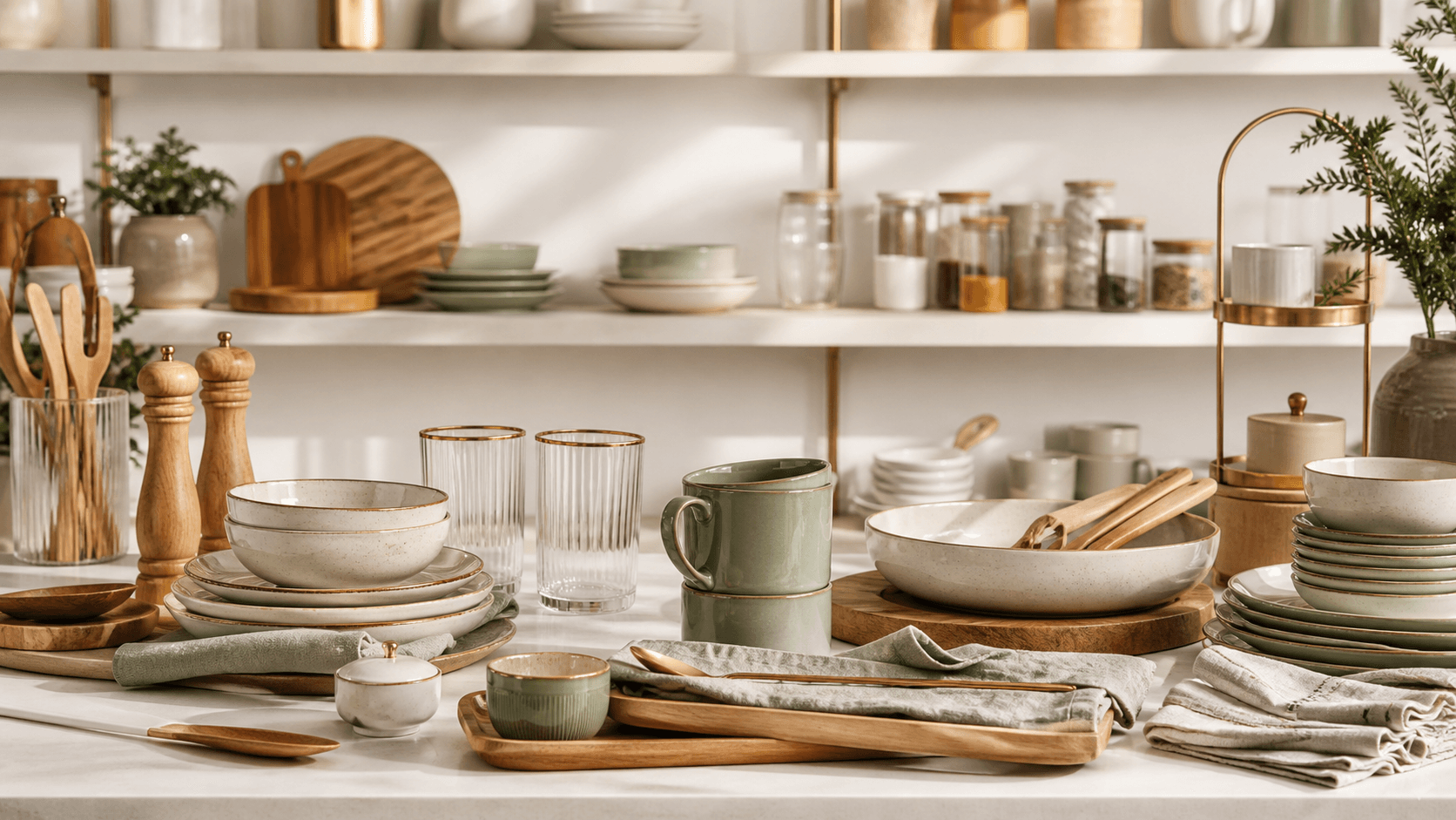 عرض منتجات منزلية من صحون وأكواب وأدوات مطبخ